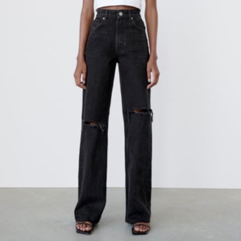 Zara Ripped Wide Leg Jean Black NWT